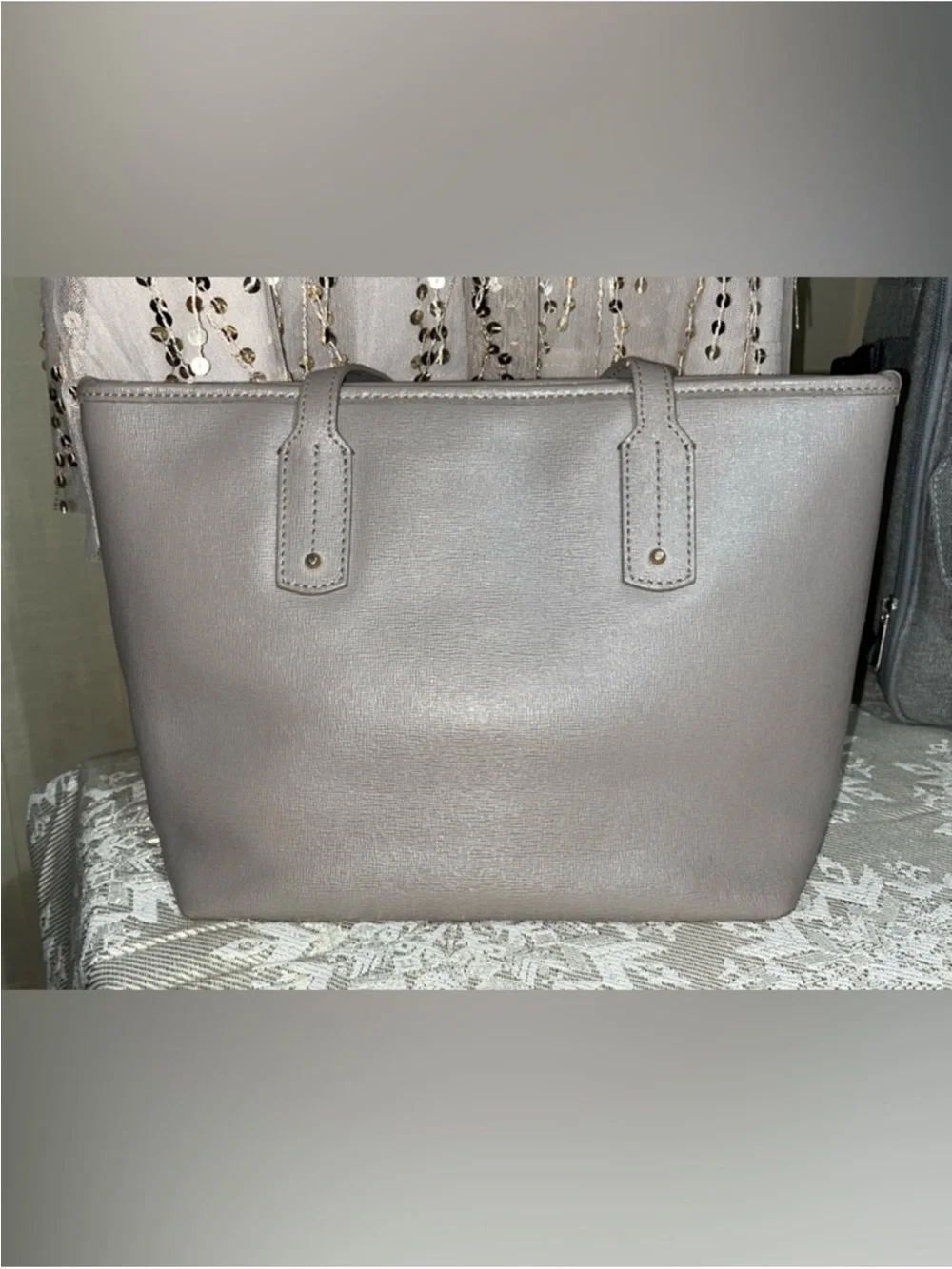 Furla Pearl Gray Italian Saffiano Leather Tote Purse Bag with Charm EUC